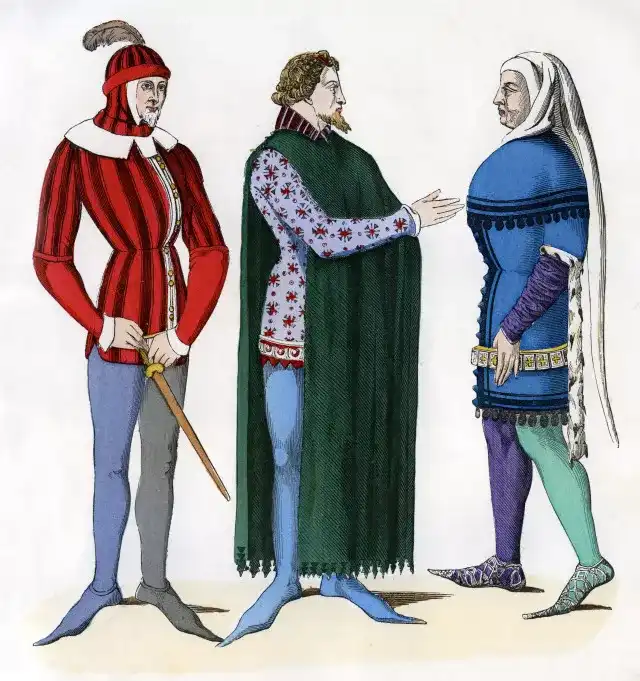 丨 14世纪欧洲贵族男性装扮,图中为一对主仆.