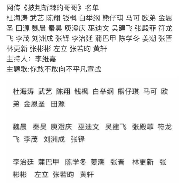 网传的《披荆斩棘的哥哥》参演名单.