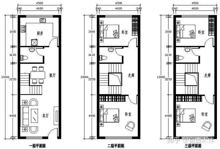 占地面积60平方自建房户型3层,面积是宽4.5*13米长,应该怎么建?
