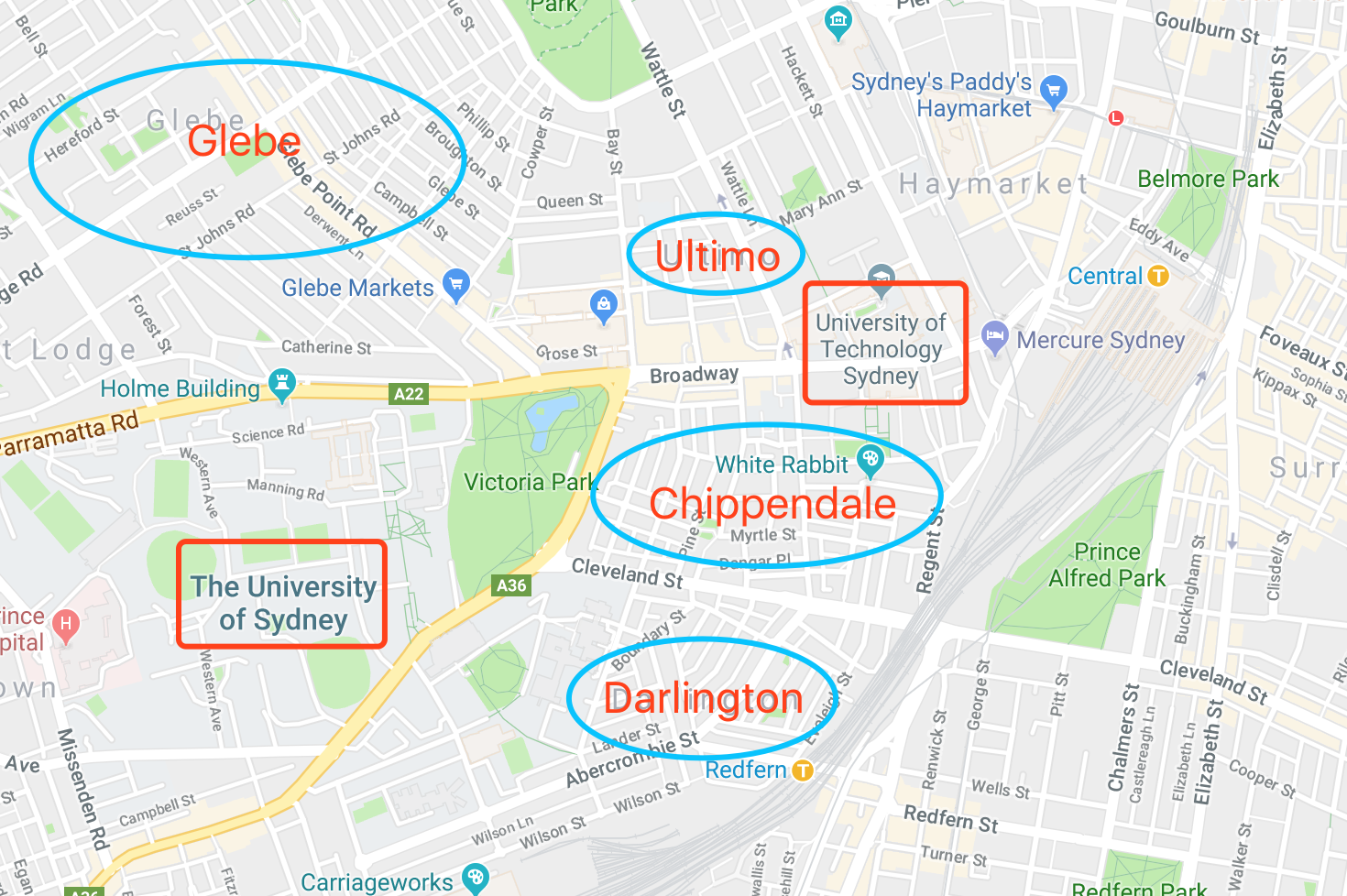 以悉尼大学和悉尼科技大学为例,在city附近,步行20分钟内能到达 悉尼
