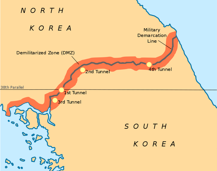 朝韩军事分界线地图,非军事区以红色标示,双方军事分界线(mdl)即为非