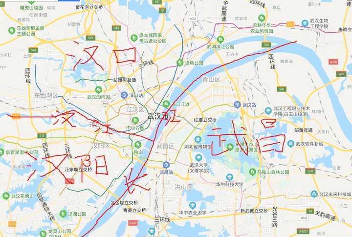 看一下地图就知道了.最主要的原因,是因为武汉三镇的城市定位不同.