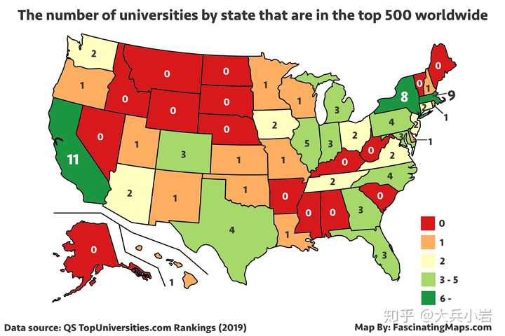 美国世界前五百的大学分布地图