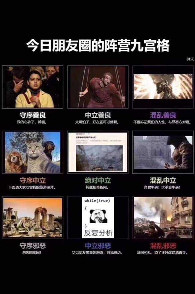 但是,我个人其实是不认同这个九宫格里的"善良,中立和邪恶"的区分的.