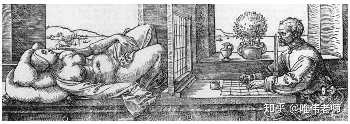 丢勒描绘了那个时候的学徒们画画的场景
