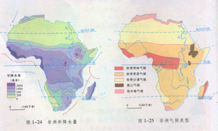 图一:非洲降水量分布图,非洲气候类型分布图