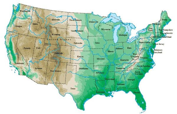 对于加州在美国是怎样的存在,我们先看一下美国的地形图