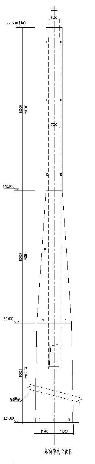 我手上正好有一份烟囱结构图,截取里面的立面和不同高程的剖面,可见内