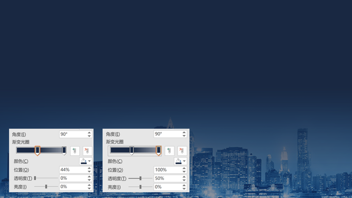 ppt图片怎么渐变透明,ppt图片怎么变透明 3,把矩形颜色改为深蓝色虚化渐变——注意透明度值(可以用ok插件,也