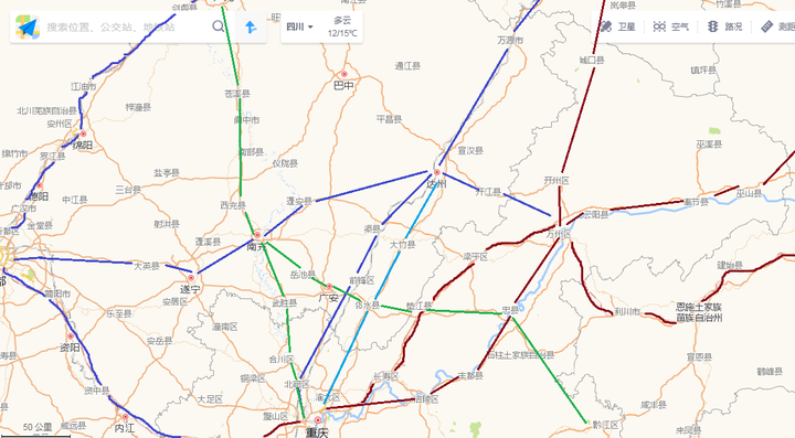 蓝色为四川已建与规划,暗红色为重庆已建与规划,绿色为兰渝线与广忠