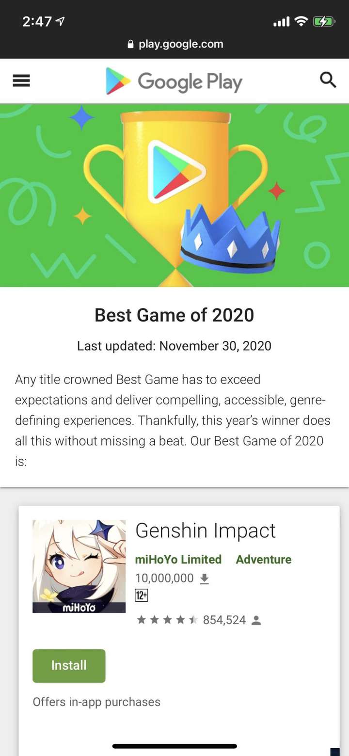 如何看待原神被google play评为2020最佳游戏?