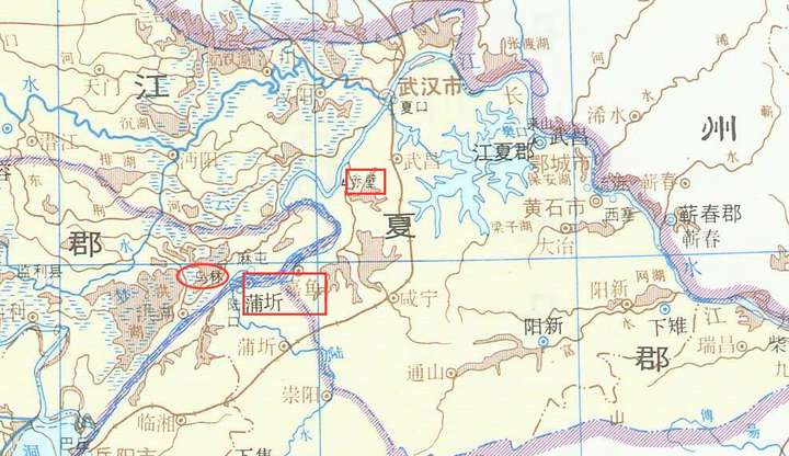 谭图之三国时期之吴荆州图,赤壁在东汉地图沙羡位置.