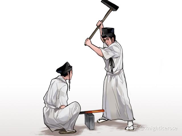更没有资格手把手指导天皇(古代日本锻刀通常是两个人合作,具体见下图