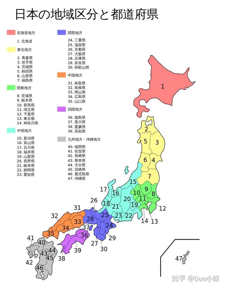 与日本本土对应的包括 1,关都地区～关东地方(绿色)和中部地方(青色)