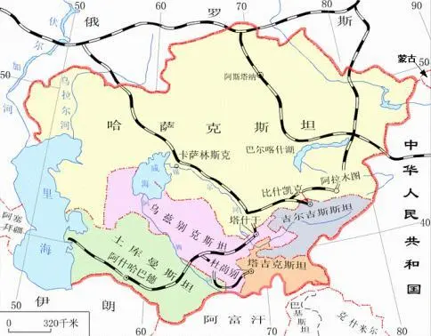 (2)地形:丘陵,平原(图兰平原和里海沿岸平原)为主,天山山脉由我国新疆