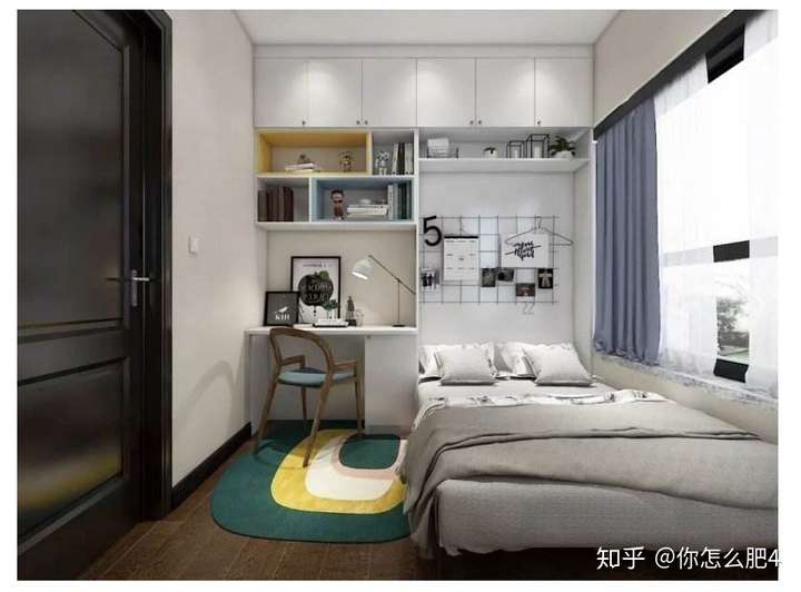 床头和书桌连接在一起,书架上面可以放书籍或其他摆件,工作区和休息区
