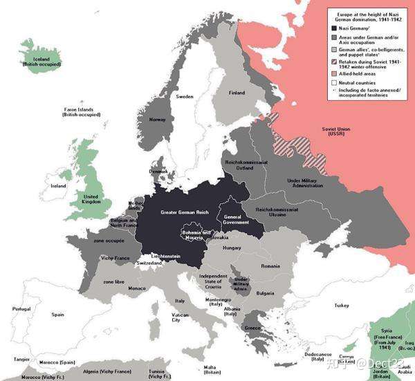 德意志第三帝国巅峰时期版图,黑色和灰色分别为德国及其盟友与仆从国