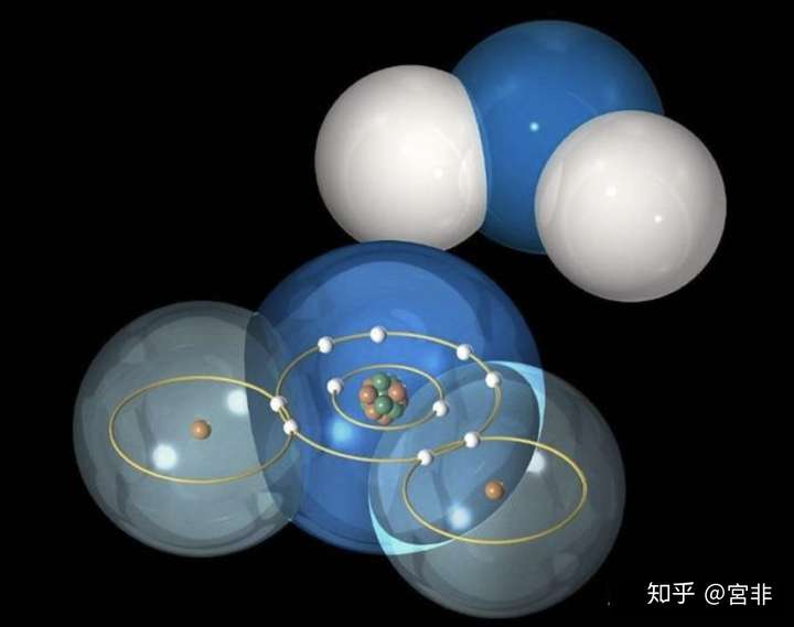 水分子结构示意图,球体表示电子云.