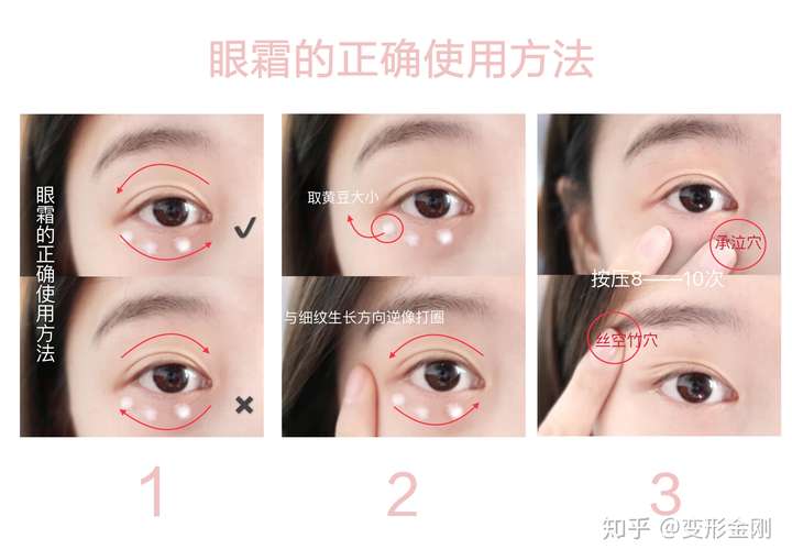 正确的方法 取黄豆大小的眼霜涂抹在眼袋眼皮上,然后逆着细纹的生长