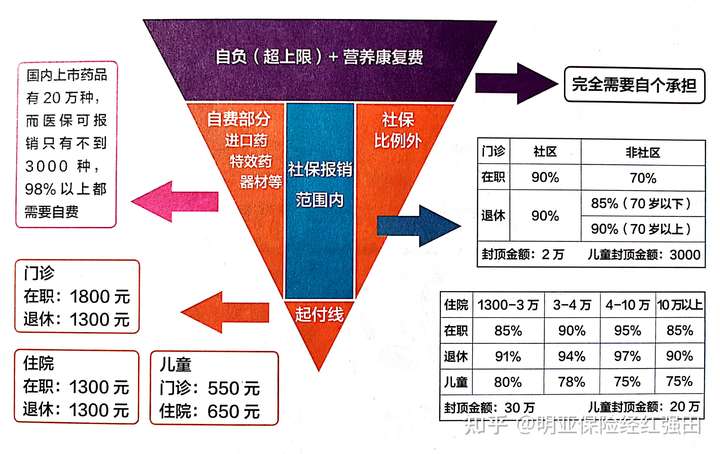 社保报销的范围只有 蓝色的一小部分,剩下的俗称"四不报", 上不报,下