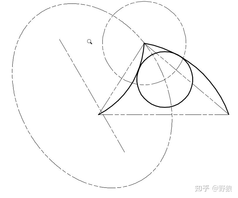 4)画底下圆弧,已知圆弧的两端点,以及与中间圆相切,可利用三点画圆画