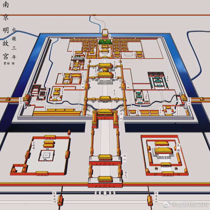新浪微博网友「曹杨」根据考古成果,书籍记载而做的明故宫复原图,应该