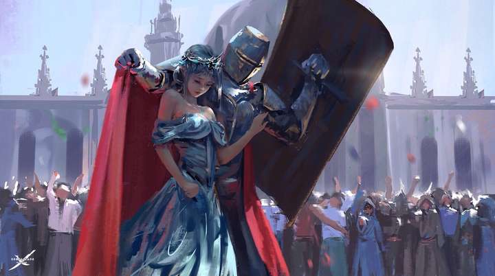 有一张图片一位骑士拿着好像盾牌保护者一个人好像是公主上方有很多人