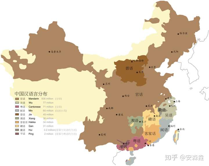 维基上的中国方言分布图,你会发现中国的"十大方言"中,大部分都