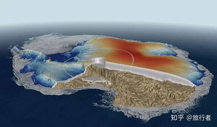 南极冰盖和下方基岩的剖面图.可以看出,在南极大陆边缘,高度迅速下降