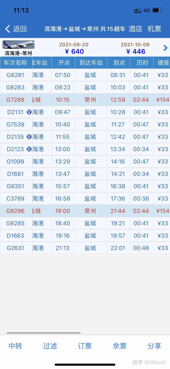 我建议可以换成9:22从滨海港站出发,10:03到达盐城站的g8283次列车