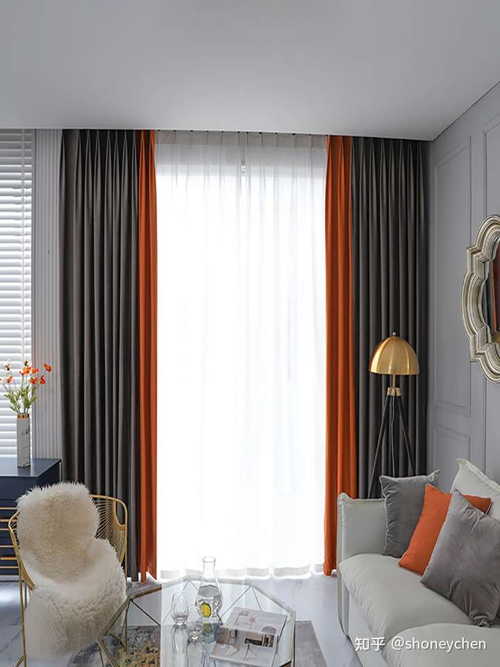 请教各位白墙,白地砖,黑胡桃电视柜,橙色沙发配什么颜色的窗帘好?