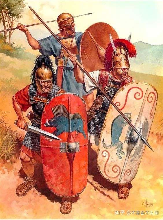 波利比乌斯时期的罗马军团中,后备兵以类似希腊重装步兵的长盾加长矛