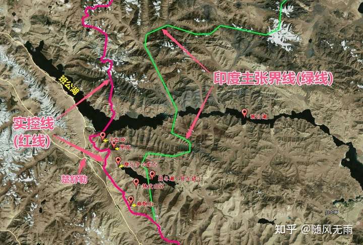 其中红色线为目前中印实际控制线,最接近中方主