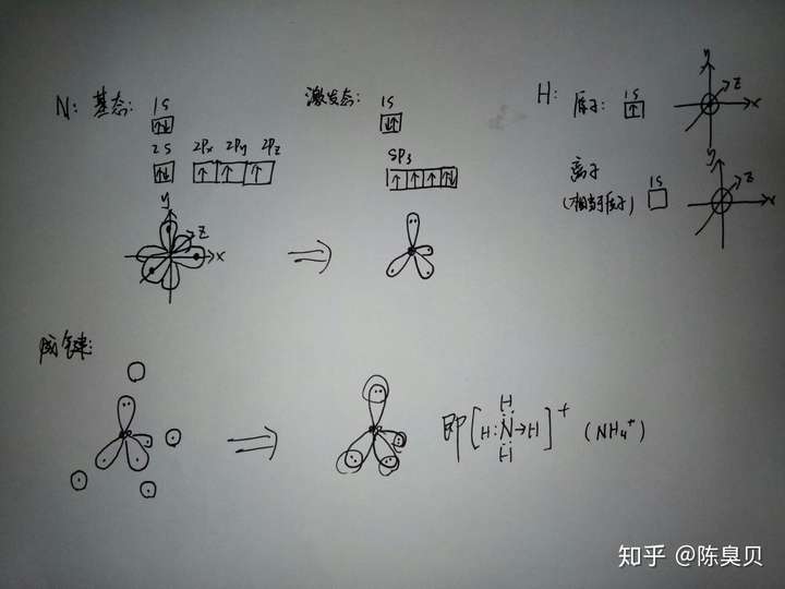 泻药 铵根离子中,中心氮原子发生sp3等性杂化,产生4个sp3轨道,其中各