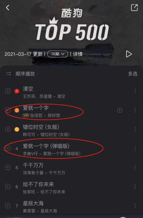 《爱就一个字,在酷狗上被一位叫李巍v仔的人改编成了弹唱版,直接唱