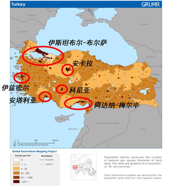 【地图】人口密度地图:土耳其人口在地广人稀的中东算是很稠密的,在