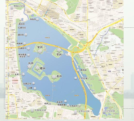 玄武湖平面图,以及各大小景点.