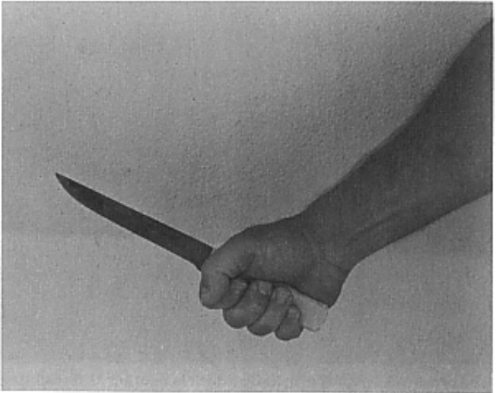 壁纸刀正面攻击歹徒的眼睛或手腕,速度最快最自然的握刀跟挥刀姿势是?
