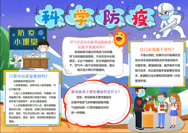 2022科学防疫手抄报卡通风中小学生科学防疫小报电子模板图片文字动画