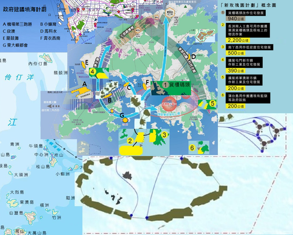 图中央大部份是《香港2030 》中的未来香港城市规划图为清楚表达,以下