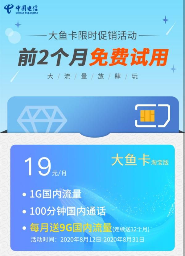 【8月限时活动】安徽电信大鱼卡首年每月送9gb,头两月