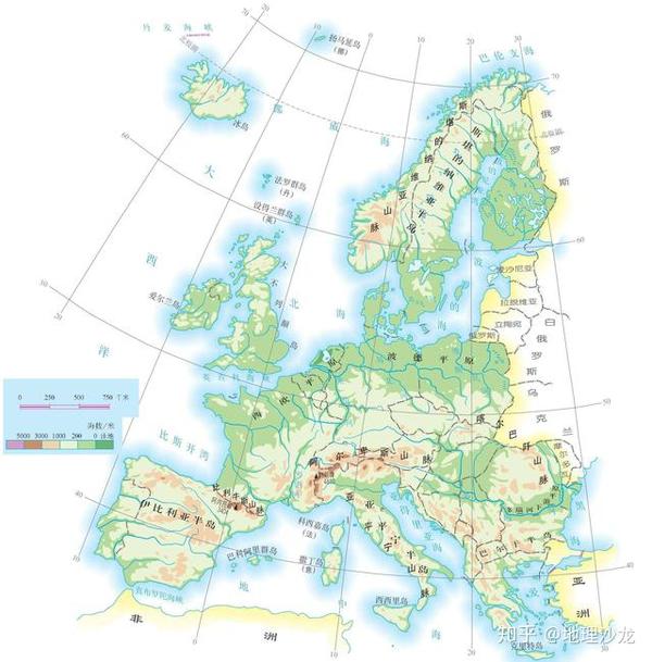 欧洲地形特征:以平原地形为主,海拔最低的大洲,海岸线