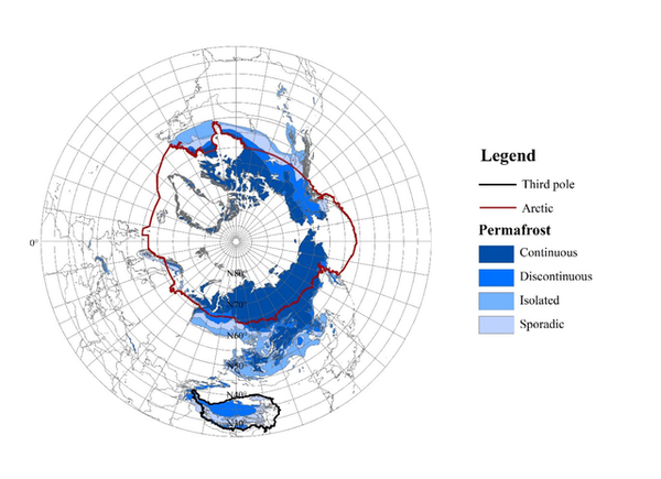 青藏高原和北极地区多年冻土分布