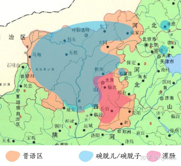 从下图可以看出,「碗脱/灌肠」这种荞面小吃的覆盖范围与晋语区基本