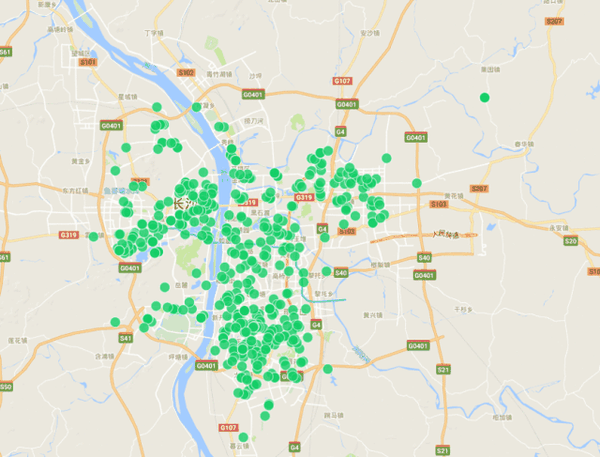 截止目前长沙(六区一县)新环境地图上所显示的店面的
