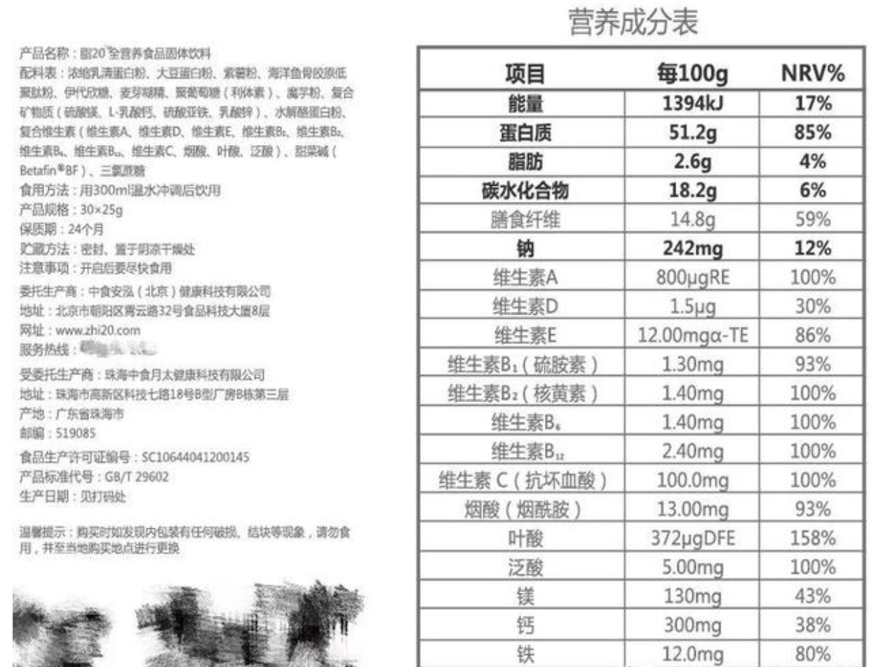 「脂20」产品成分表