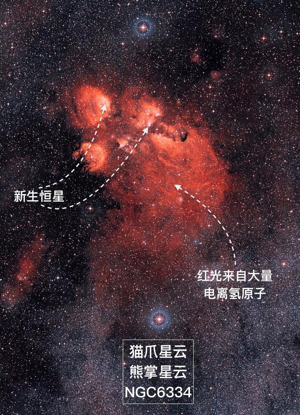 猫爪星云,天文编号ngc6334; 最早由大名鼎鼎的天文学家威廉·赫歇尔