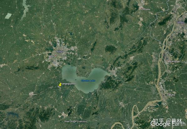 卫星地图:来源于google earth,黄色标签即为三河古镇,其位于巢湖西南