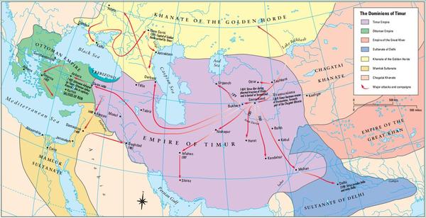 帖木儿帝国极盛时期的领土范围(箭头表示他征战的路线)
