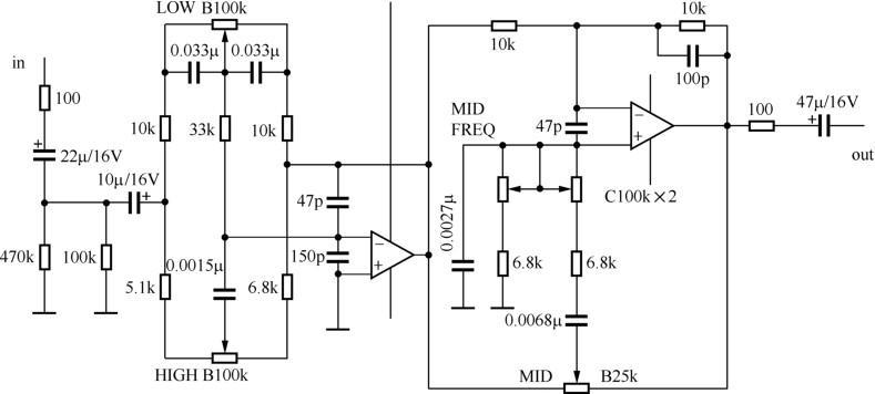 图1-8 某型号调音台输入通道频率均衡电路